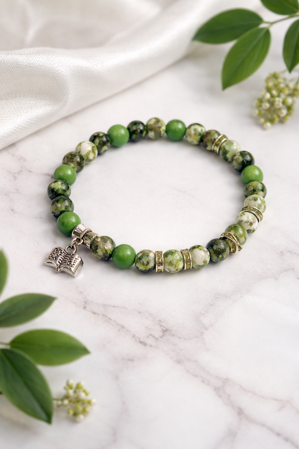 Hand-Beaded Bracelet with Book Charm