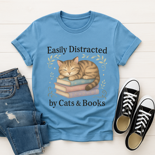 "Easily Distracted by Cats and Books" T-Shirt